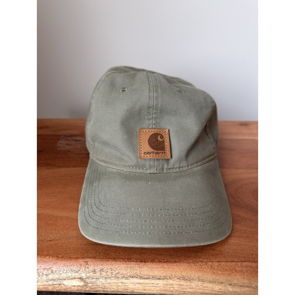 Carhartt Canvas Cap Dusty Olive Green Leather Patch Adjustable Baseball Hat OSFM